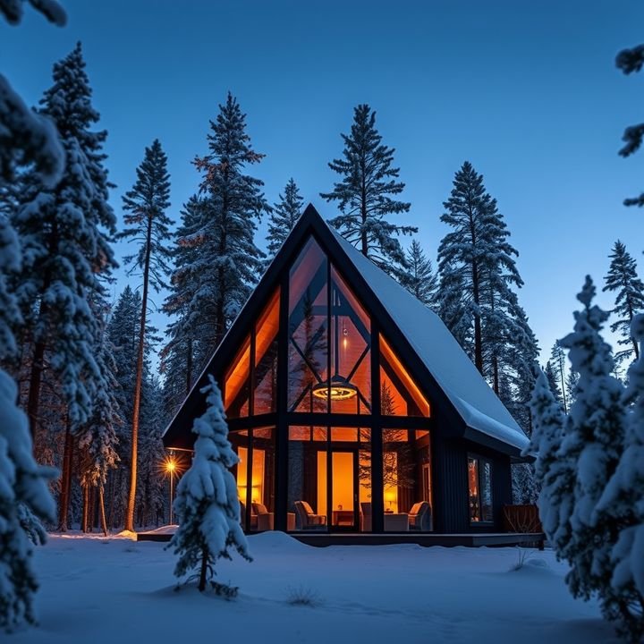 A-frame glass cabin in a snowy forest at blue hour