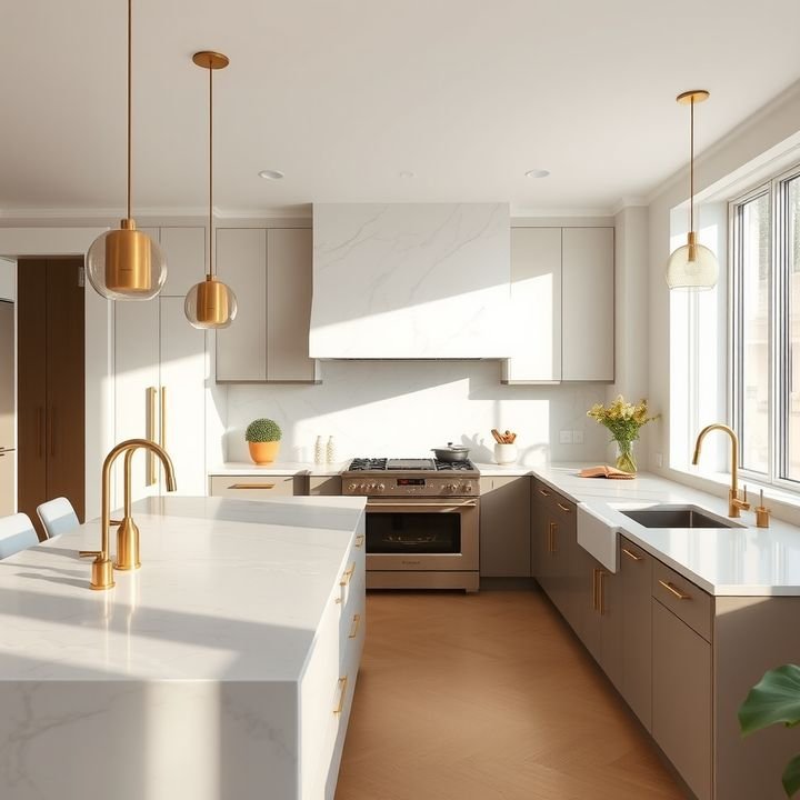 Minimalist kitchen with marble island and brass fixtures
