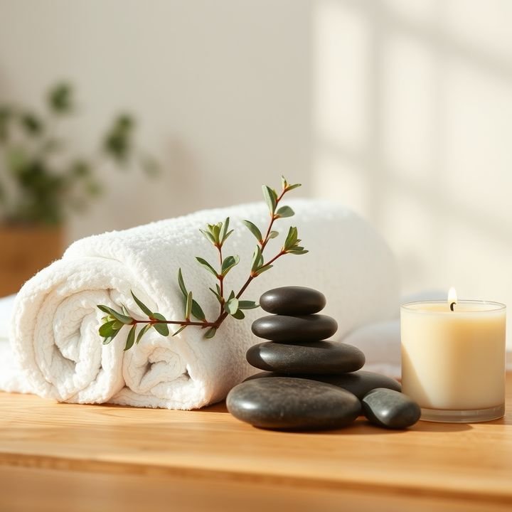 Spa still life with white towels, stones and a candle