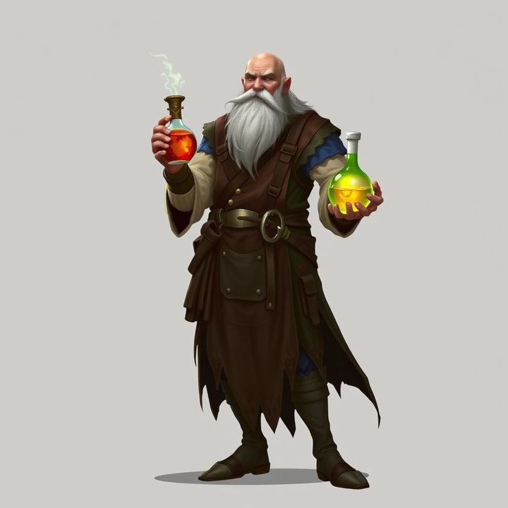 Character concept of an old alchemist holding glowing flasks