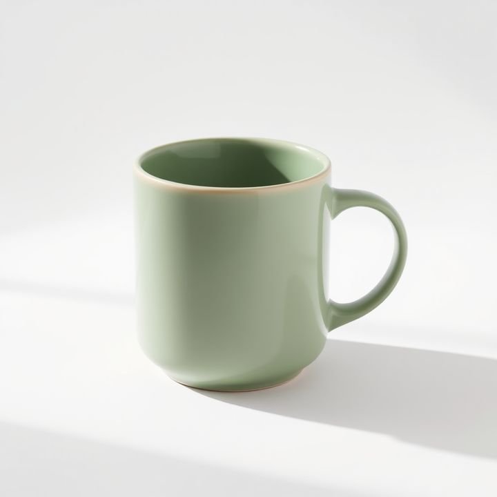 Sage green ceramic mug on white with a soft shadow