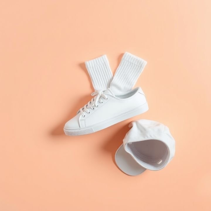 Flat lay of a white sneaker and socks on peach