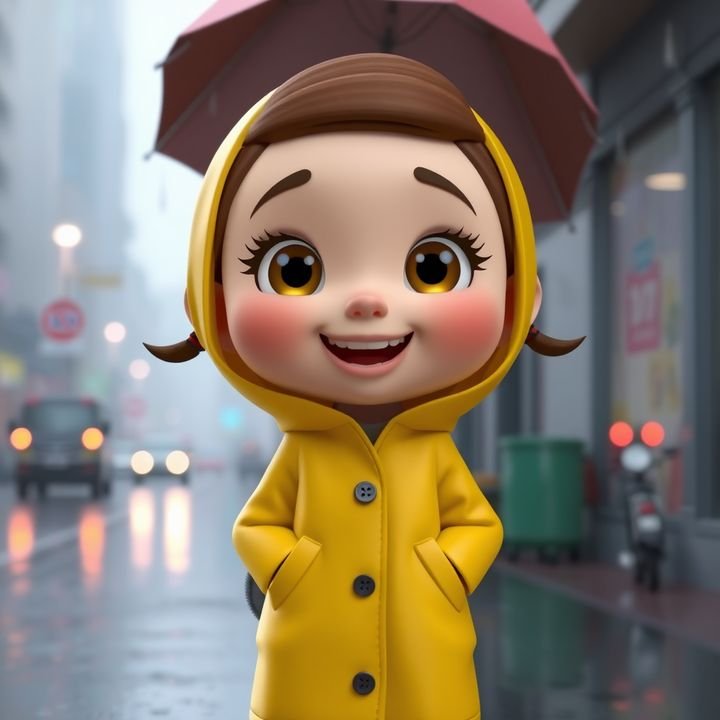 Stylised 3D girl in a yellow raincoat on a rainy street