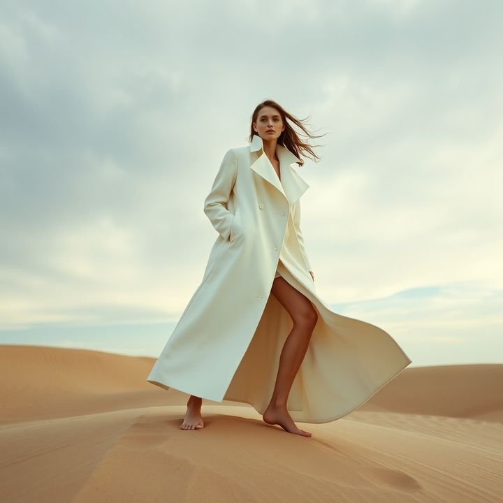 Model in a sculptural white coat on a windswept sand dune
