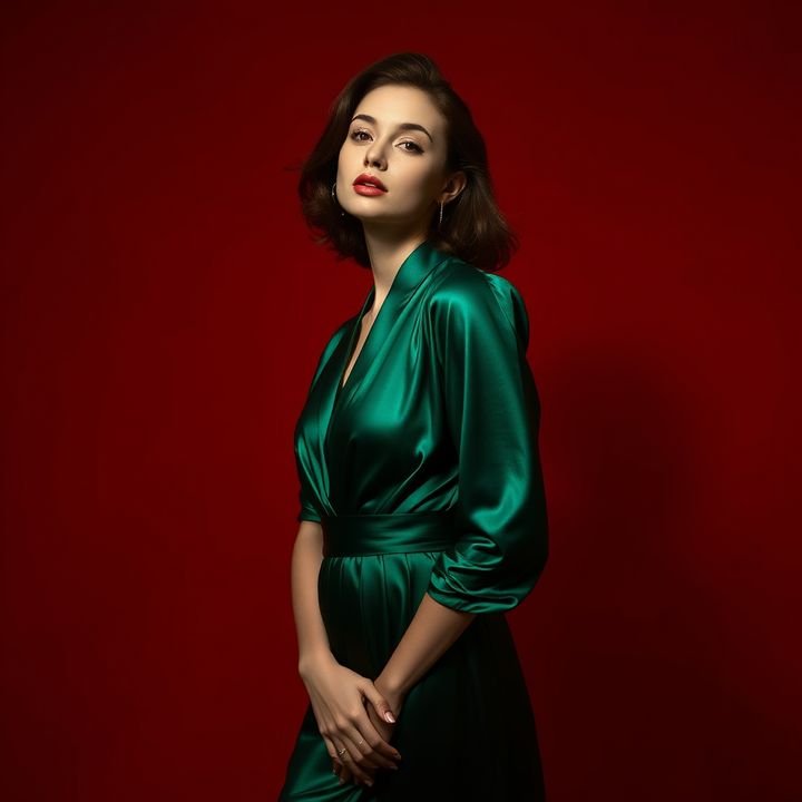 Studio fashion portrait in emerald silk, hard light