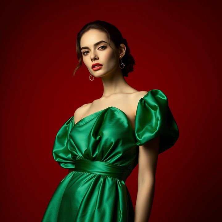 Model in emerald silk