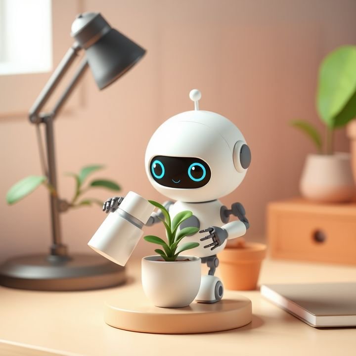 Cute 3D robot watering a plant on a desk