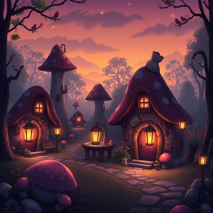 Cozy fantasy mushroom village at twilight