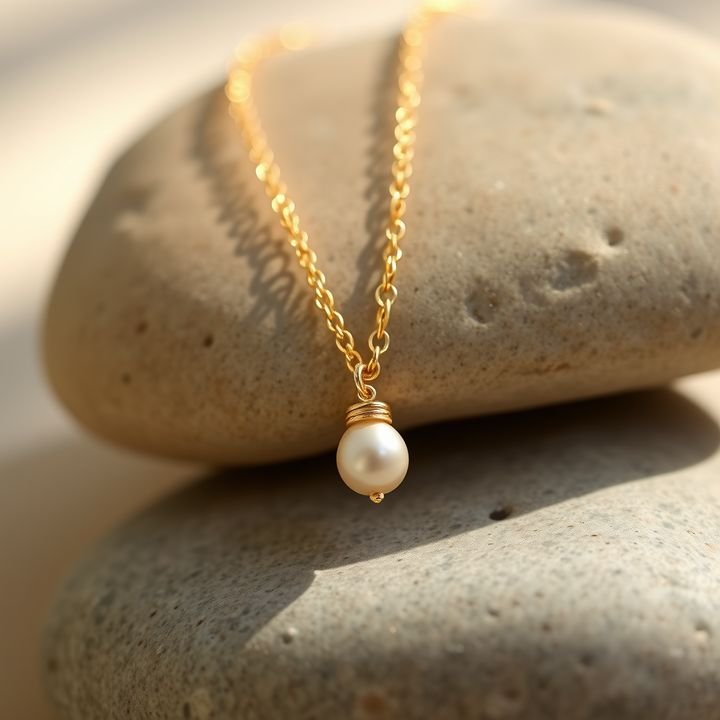 Gold necklace with a pearl pendant draped over a smooth stone