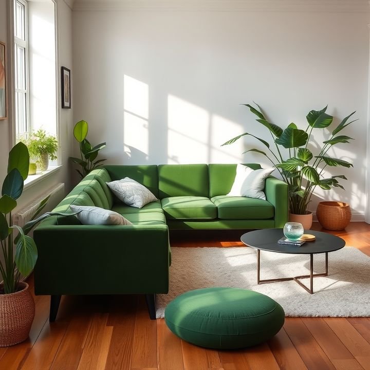 Bright living room with a green velvet sofa and plants