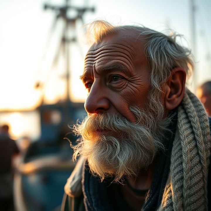 Backlit portrait of a bearded old fisherman by a harbour