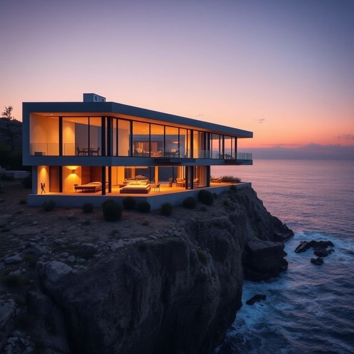 Modern glass villa on a cliff above the ocean at dusk