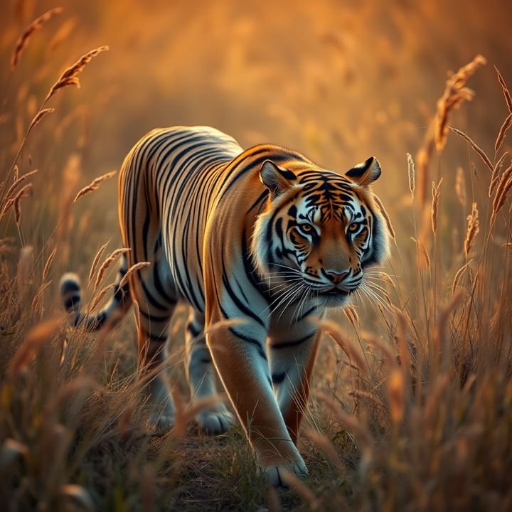 Bengal tiger walking through golden grass, backlit