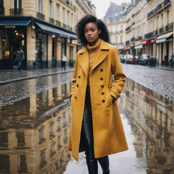 Woman in a long mustard coat on wet cobblestones