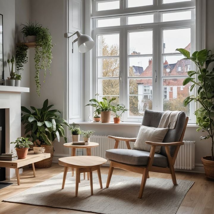 Scandinavian living room with a reading chair by the window