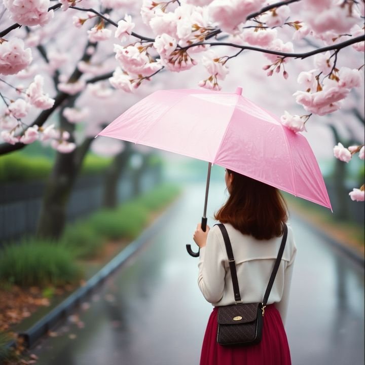 Woman with a pink umbrella under cherry blossoms in the rain