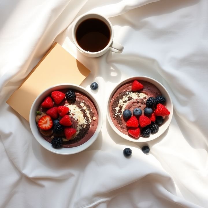 Breakfast flat lay with smoothie bowls and coffee on white linen