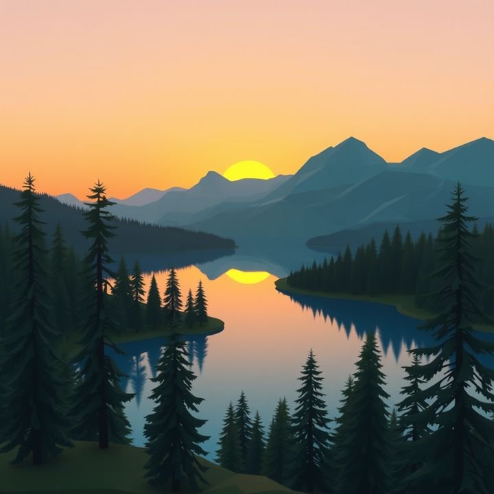 Low-poly mountain lake at sunset