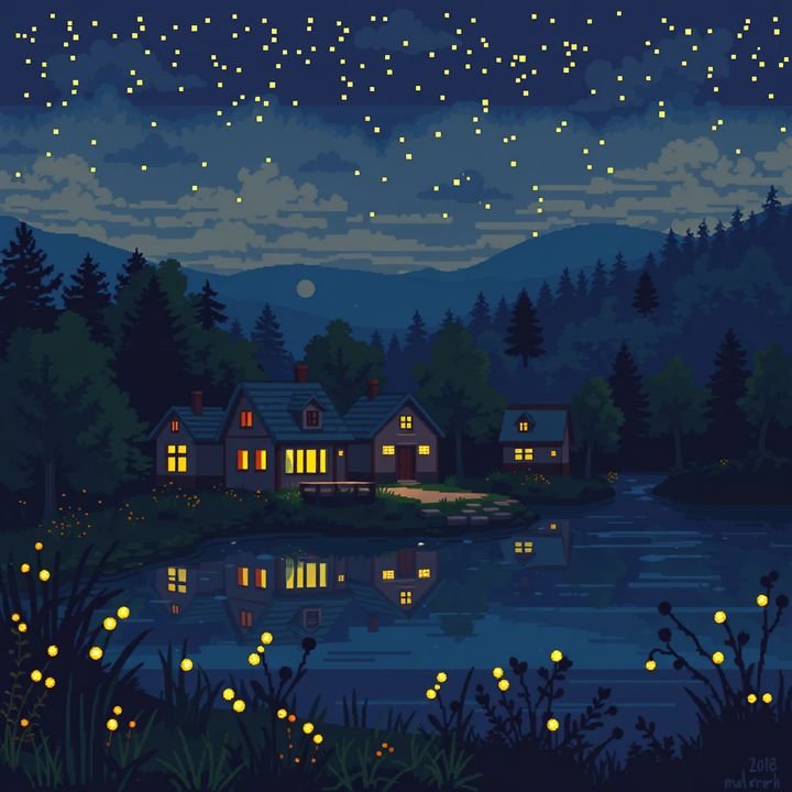 Pixel art night village by a lake with fireflies