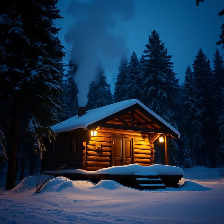 Lantern-lit cabin in a snowy forest at night