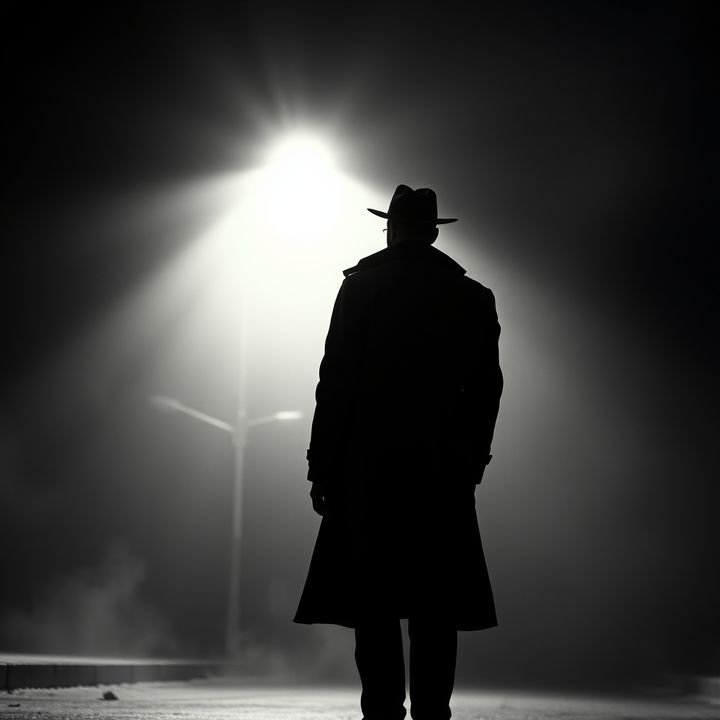 Film noir detective silhouette under a street lamp in fog