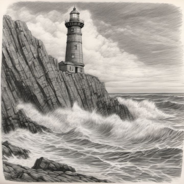 Graphite pencil sketch of a lighthouse on a rocky shore