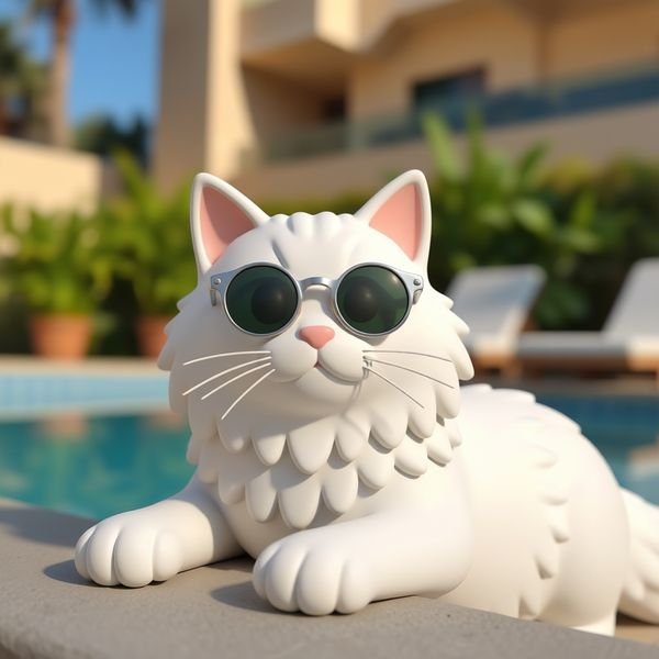 White cat in sunglasses restyled as a 3D cartoon