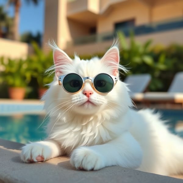 White cat in round sunglasses by a pool