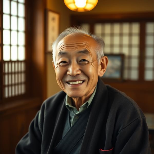 Smiling older man in a warm wooden interior