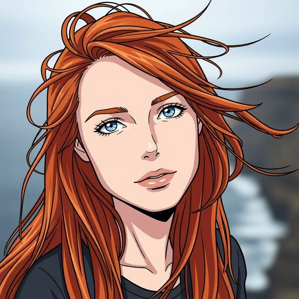 Portrait of a red-haired woman by the sea restyled as anime