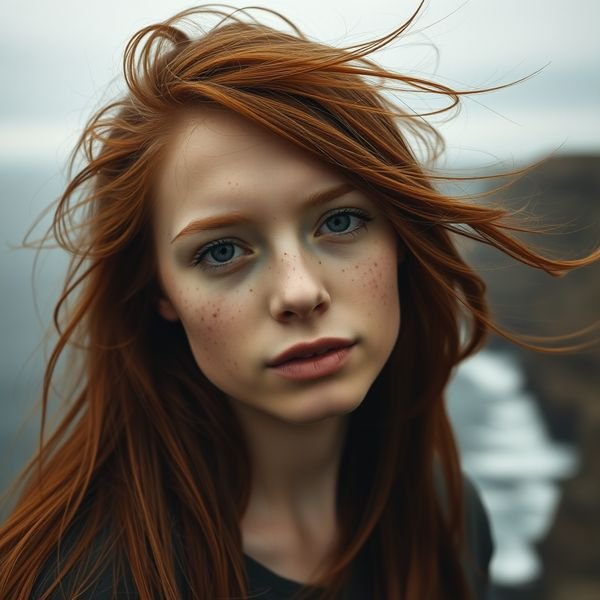 Portrait of a red-haired woman by the sea