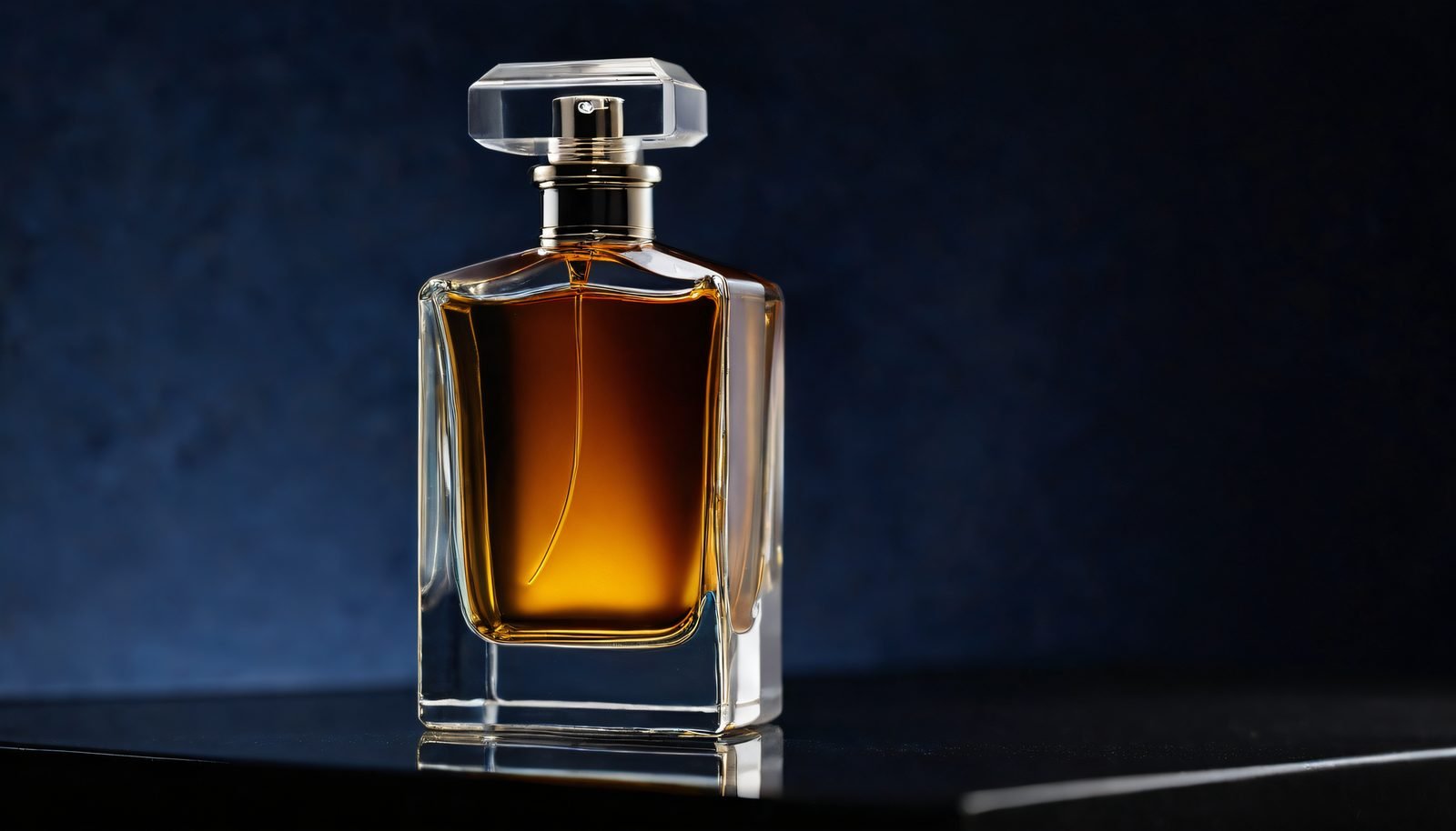 A perfume bottle on a black plinth against a deep blue studio backdrop