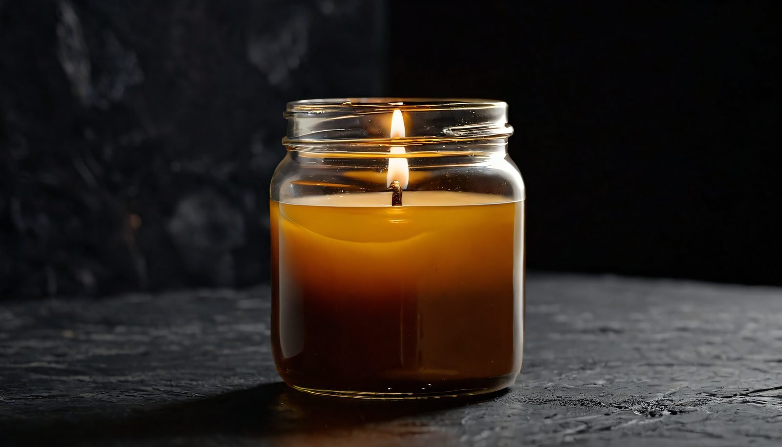 A close-up of a plain amber glass jar on dark slate with a band of warm light crossing it