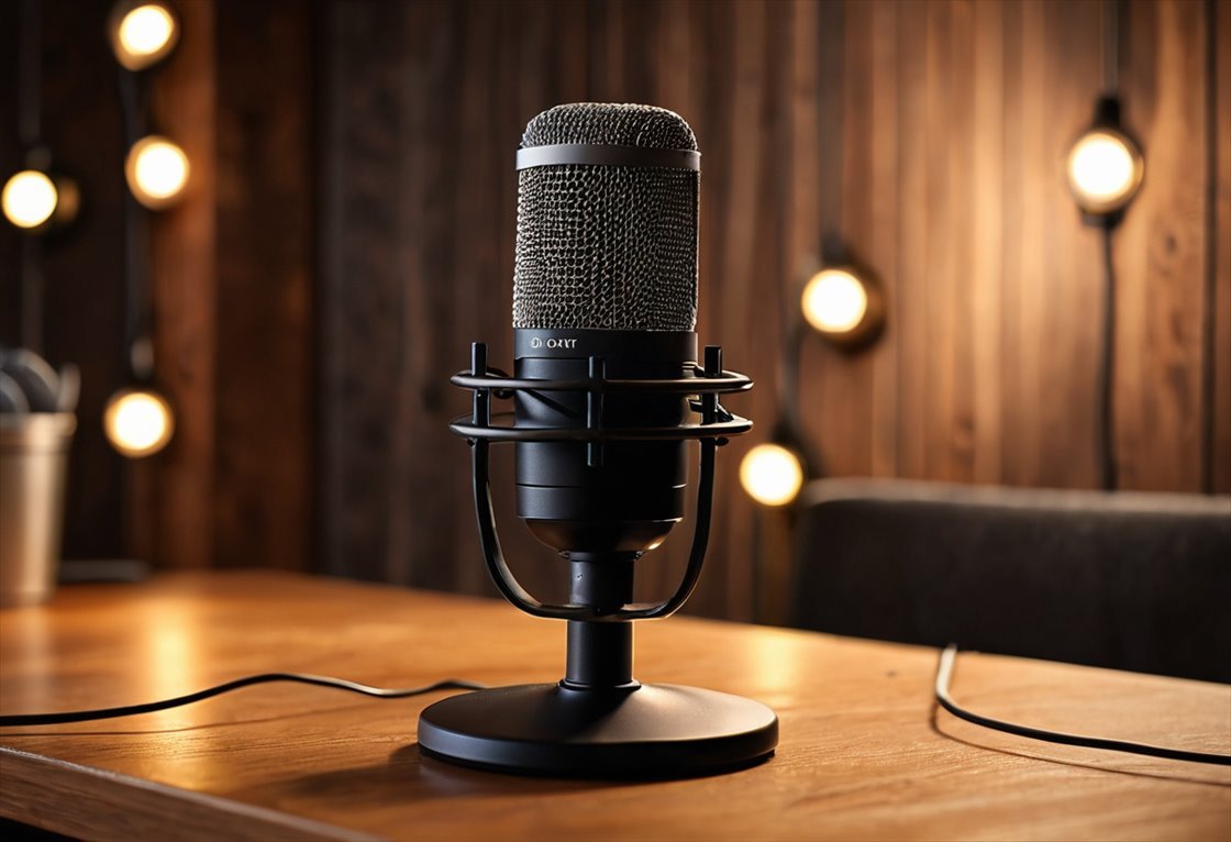 A professional podcast microphone and headphones on a desk in warm light