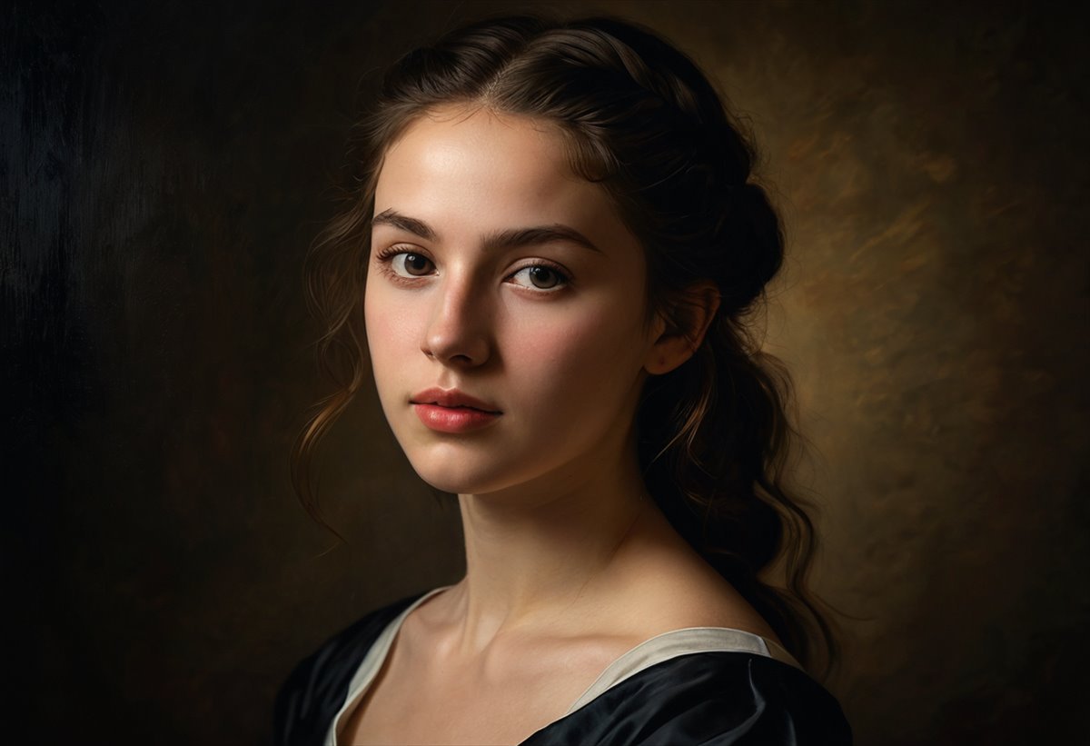 The same portrait restyled as a classical oil painting