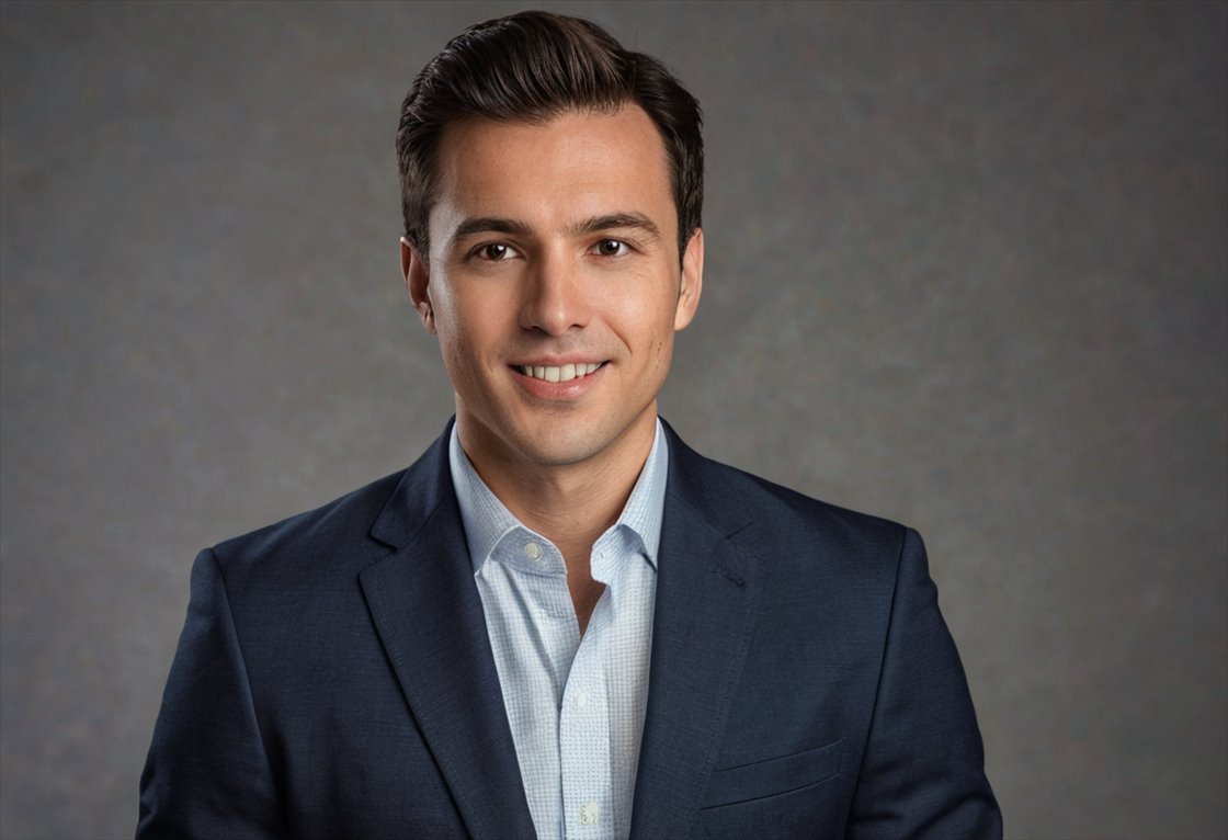 A studio-quality AI headshot of a person in business attire against a seamless backdrop
