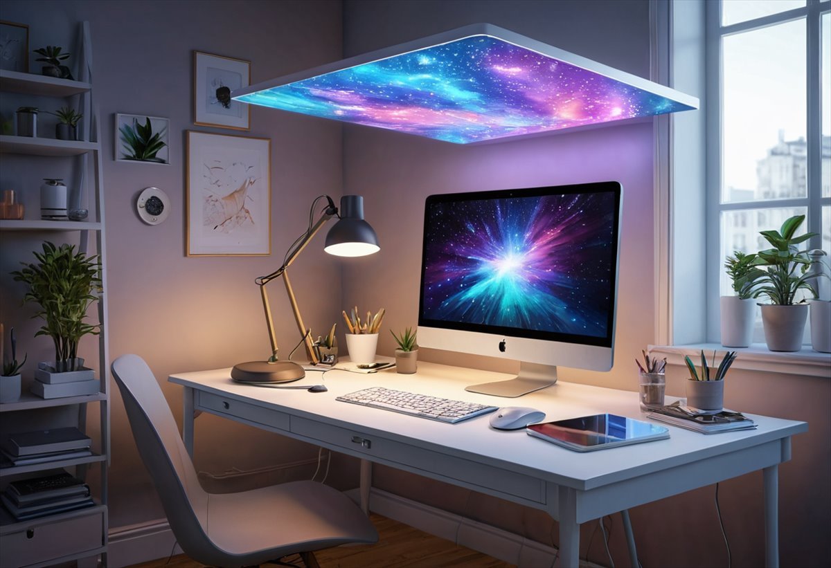 A creative desk glowing with AI-generated artwork