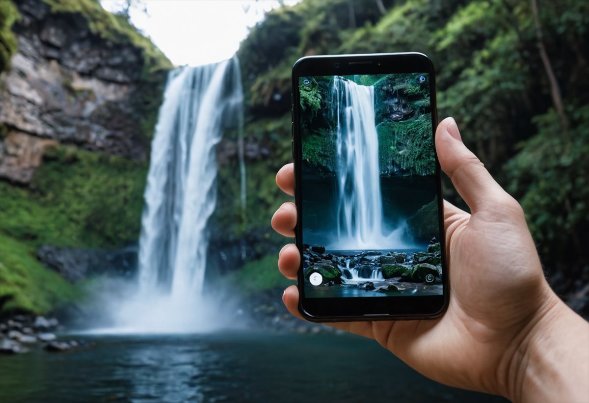 A phone showing an AI-generated video of a glowing waterfall
