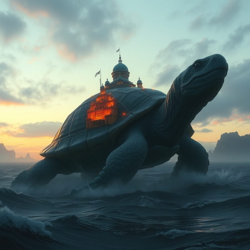 A giant turtle carrying a glowing city on its shell across a misty sea at dusk