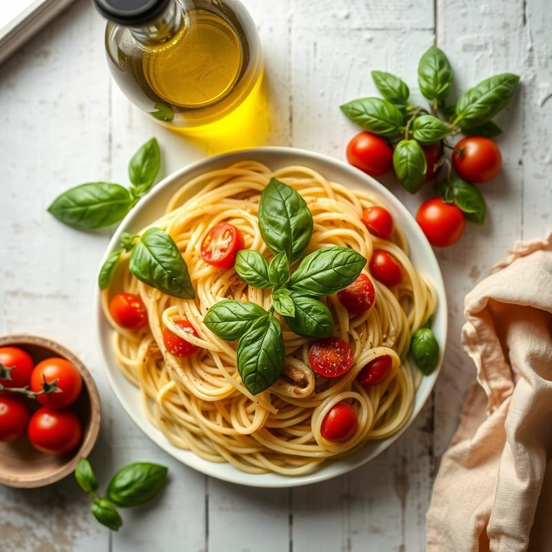 Overhead shot of spaghetti with basil and cherry tomatoes beside a bottle of olive oil