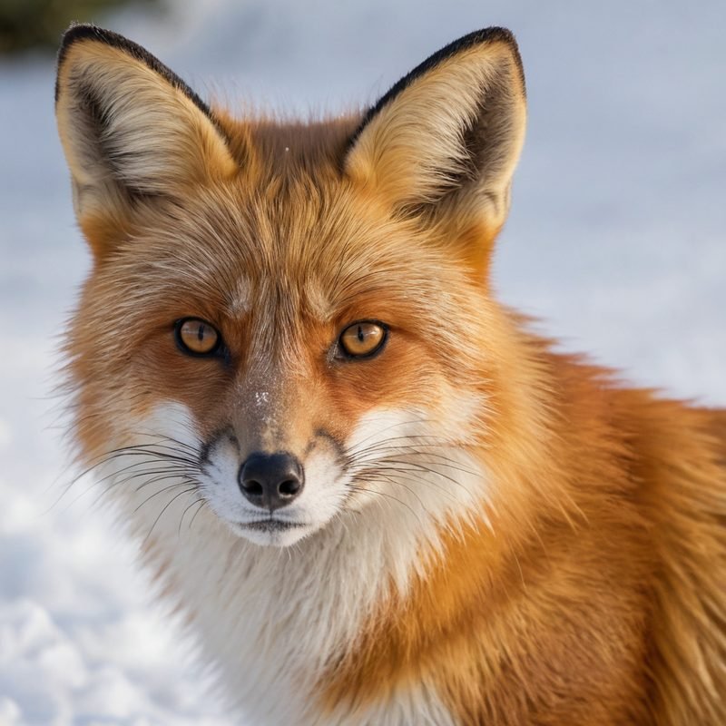 Close-up of a red fox in snow with frost on its fur