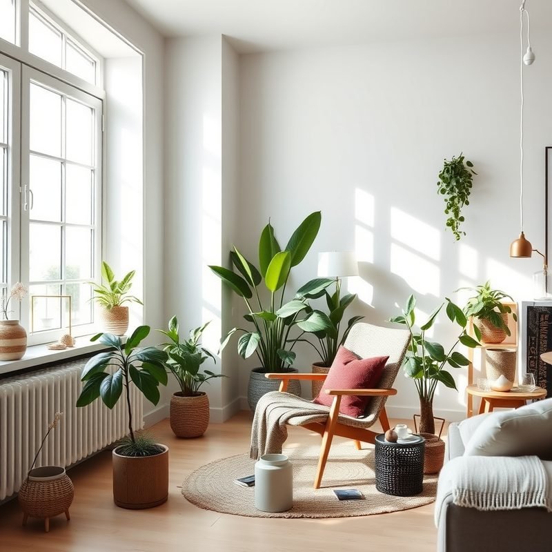 Bright Scandinavian living room with a reading chair, house plants and a large window