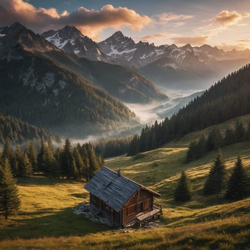Alpine valley at sunrise with low clouds, pine forest and a small wooden cabin