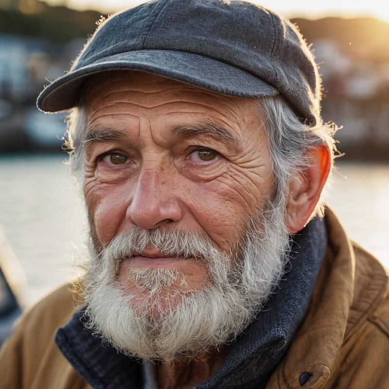 Fisherman portrait from the second model, documentary photo look with a flat cap