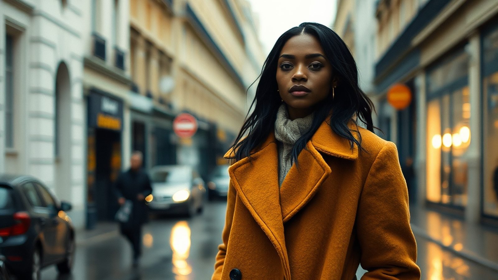 Editorial photo of a woman in a mustard wool coat on a rainy city street, generated from a text prompt