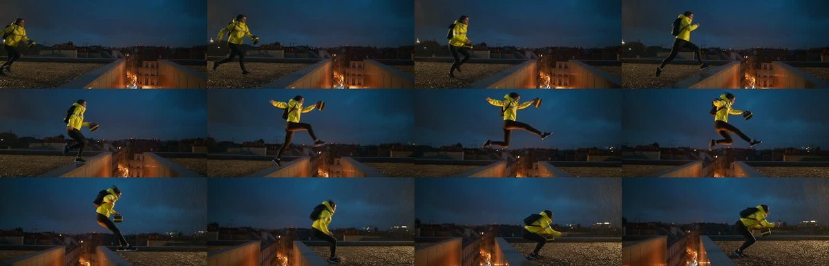 A contact strip of frames from the four-second shot showing the run-up, flight and landing