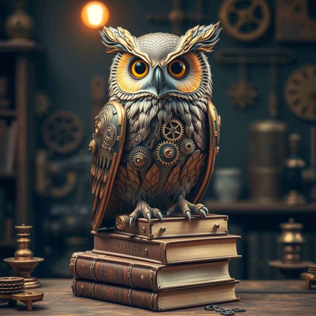 Brass owl - AI generated Steampunk image made with Zappy