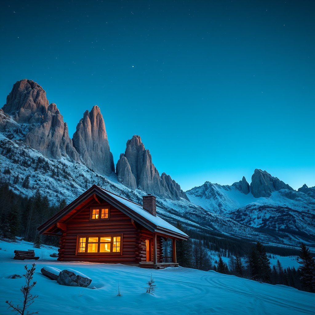 Blue hour cabin - AI generated Travel image made with Zappy