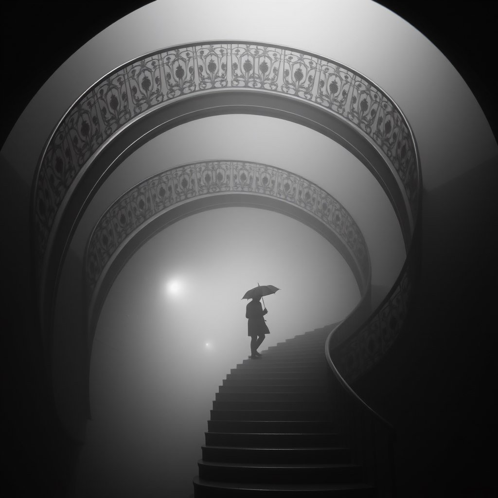 Descent in fog - AI generated Monochrome image made with Zappy