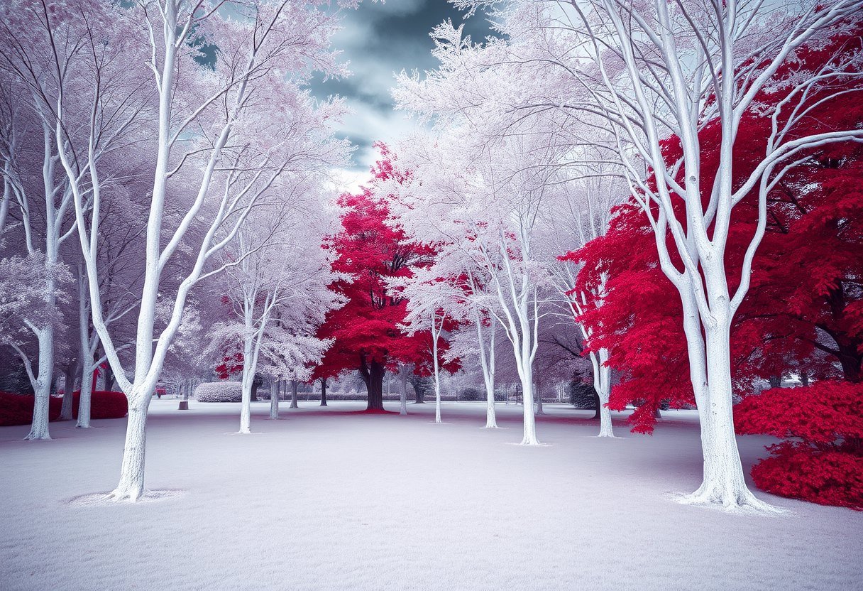 Crimson Park - AI generated Infrared image made with Zappy
